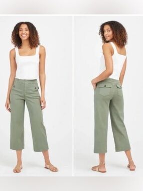 Spanx Stretch Twill Cropped Wide Leg Pants in Olive Green Size XS